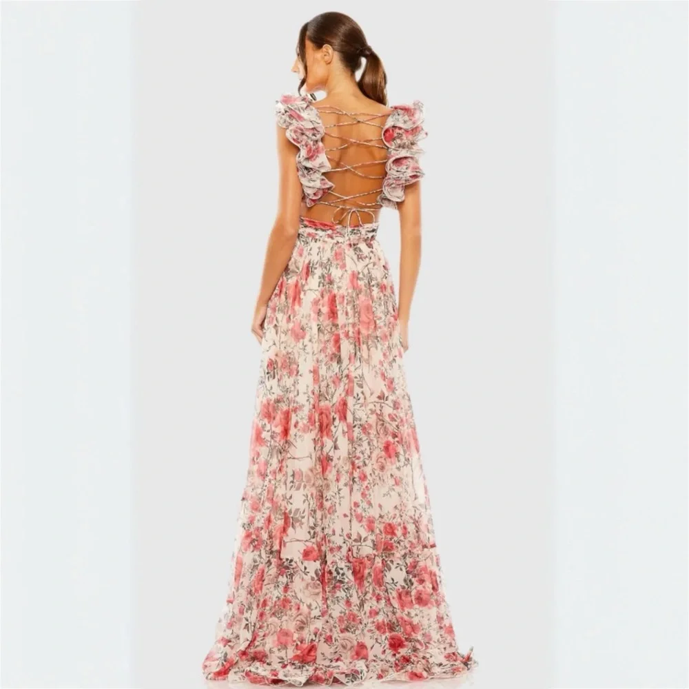 Mac Duggal Pink Floral Rose Cut-Out Chiffon Gown STUNNING! - Picture 4 of 11